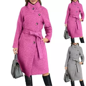 Женская однотонная шерстяная куртка средней длины с поясом L