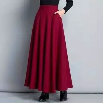 Женская однотонная шерстяная юбка осень-зима Юбка-трапеция с высокой талией Длинная юбка XXXL чёрный