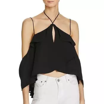 Женская однотонная шифоновая блузка с бретельками на тонких бретельках, весна-лето с разрезом на шее S чёрный