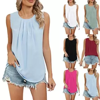 Женская однотонная шифоновая рубашка, свободный пуловер с круглым вырезом, топ без рукавов, жилет L чёрный