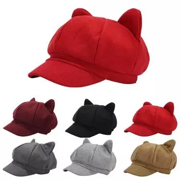 Женская однотонная симпатичная восьмиугольная шапка с кошачьими ушками в стиле ретро из шерсти M чёрный