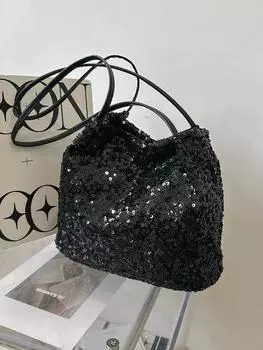 Женская однотонная сумка-тоут для отдыха, большая вместительная сумка с подушкой и блестками, роскошная блестящая сумка-ведро, женские сумки на плечо чёрный