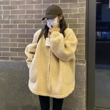 Женская однотонная свободная бейсбольная форма с длинными рукавами, куртка из плотной искусственной овечьей шерсти 2XL абрикосовый