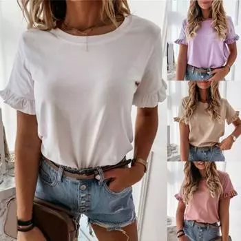 Женская однотонная Свободная блузка с круглым вырезом и коротким рукавом с рюшами и футболкой Топ