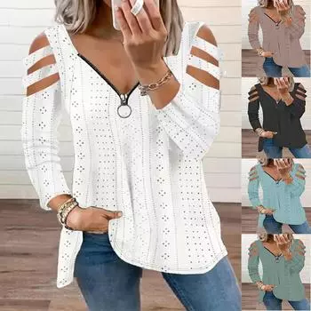 Женская однотонная свободная футболка с длинным рукавом и V-образным вырезом на молнии L чёрный