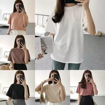 Женская однотонная свободная футболка с круглым или V-образным вырезом с короткими рукавами O-Neck