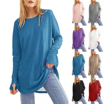 Женская однотонная свободная футболка с круглым вырезом и длинными рукавами средней длины, топ с дырявым большим пальцем L армия зеленый