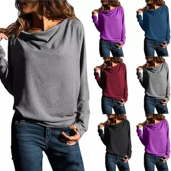 Женская однотонная свободная футболка с круглым вырезом и длинными рукавами L чёрный