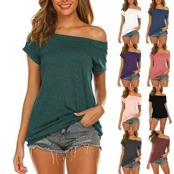 Женская однотонная свободная футболка с открытыми плечами и короткими рукавами с однотонным воротником XXL