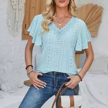 Женская однотонная свободная футболка с v-образным вырезом и рюшами на рукавах S синий