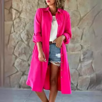 Женская однотонная свободная повседневная блузка с разрезом на кармане, длинная S розы красного