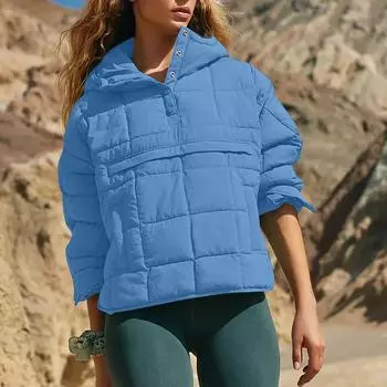 Женская однотонная свободная повседневная хлопковая куртка с длинными рукавами и капюшоном L синий