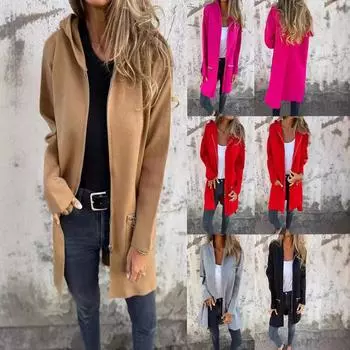 Женская однотонная свободная повседневная куртка средней длины с капюшоном и застежкой-молнией L чёрный