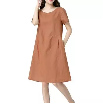Женская однотонная свободная повседневная миди из хлопка и льна с короткими рукавами L оранжевый