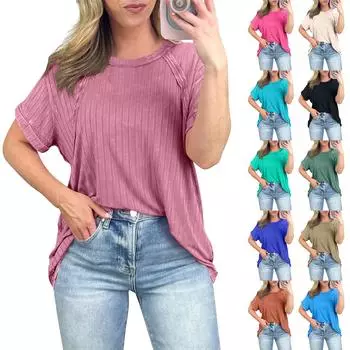 Женская однотонная свободная повседневная вязаная футболка с коротким рукавом и круглым вырезом, топ