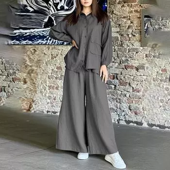 Женская однотонная свободная рубашка из двух частей с длинными рукавами, широкие брюки, повседневные брюки, комплект для отпуска XXL