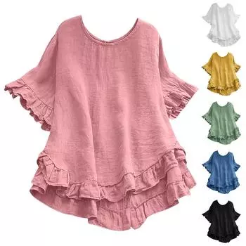 Женская однотонная свободная рубашка из хлопка и льна с рюшами и короткими рукавами на пуговицах L чёрный