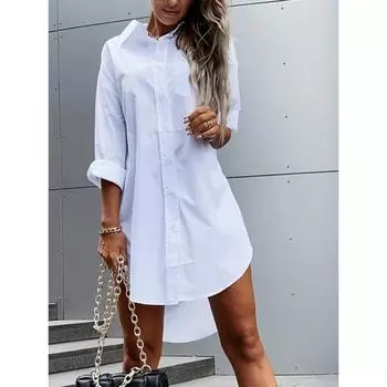 Женская однотонная свободная рубашка средней длины из хлопка и льна с короткими рукавами и лацканами L синий