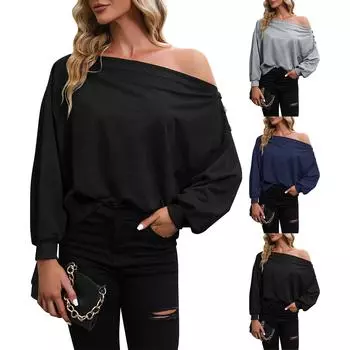 Женская однотонная свободная толстовка без бретелек с одним вырезом на осень L чёрный