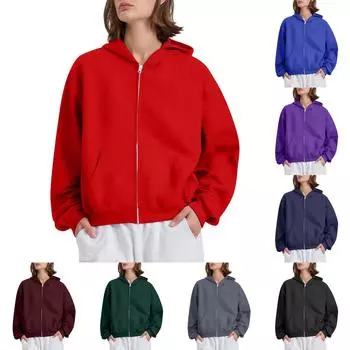 Женская однотонная свободная толстовка с капюшоном на молнии с длинным рукавом L чёрный