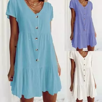 Женская однотонная свободная юбка из хлопка и льна с v-образным вырезом, тонкое платье на пуговицах L