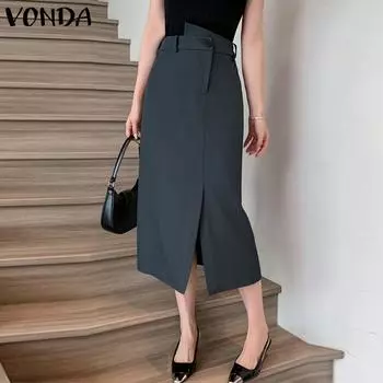 Женская однотонная свободная юбка с разрезом и пуговицами VONDA со средней талией