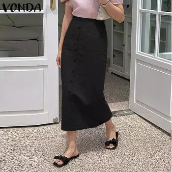 Женская однотонная свободная юбка VONDA с высокой талией и накладными карманами на пуговицах 5XL оранжевый