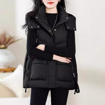 Женская однотонная свободная жилетка для отдыха на осень и зиму с капюшоном и застежкой-молнией 3XL чёрный