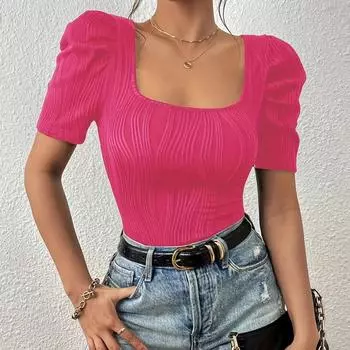 Женская однотонная текстурированная футболка с рукавами-фонариками, элегантная модная футболка с квадратным вырезом и коротким рукавом для повседневной носки на открытом воздухе XS розовый