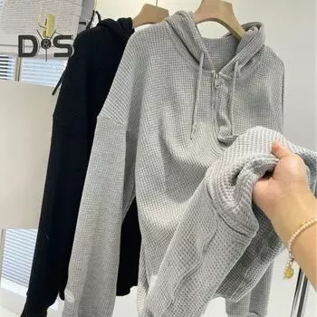 Женская однотонная толстовка на весну и осень, пальто с капюшоном и шнурком, карманы с длинными рукавами, планка на молнии, вафельная текстура, толстовка с капюшоном, кардиган M серый