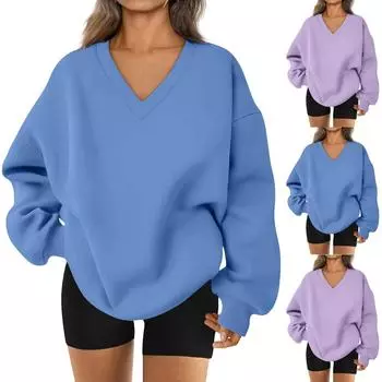 Женская однотонная толстовка с длинным рукавом и V-образным вырезом L синий