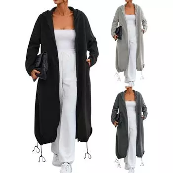 Женская однотонная толстовка с длинным рукавом, карманом на молнии, капюшоном и завязками на талии XXL чёрный