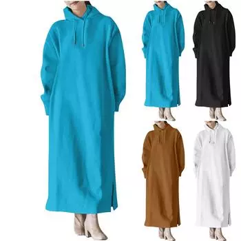 Женская однотонная толстовка с длинными рукавами и капюшоном плюс размер, свободное длинное платье с прямым карманом L чёрный