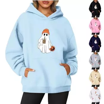 Женская однотонная толстовка с капюшоном с длинным рукавом и принтом на Хэллоуин XXL тёмно-синий