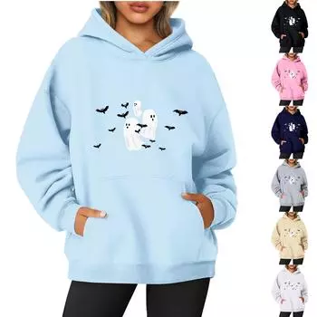 Женская однотонная толстовка с капюшоном с длинным рукавом и принтом на Хэллоуин XXXL чёрный