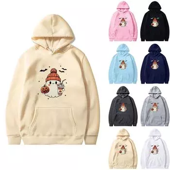 Женская однотонная толстовка с капюшоном с длинным рукавом и принтом на Хэллоуин XL