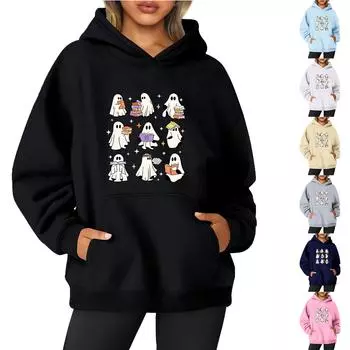 Женская однотонная толстовка с капюшоном с длинным рукавом и принтом на Хэллоуин L бежевый