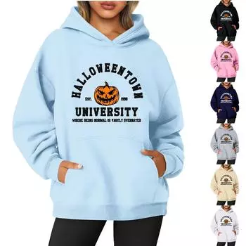 Женская однотонная толстовка с капюшоном с длинным рукавом и принтом на Хэллоуин XL розовый