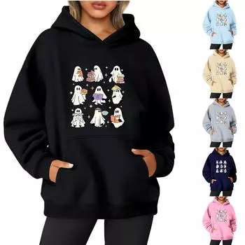 Женская однотонная толстовка с капюшоном с длинным рукавом и принтом на Хэллоуин L бежевый