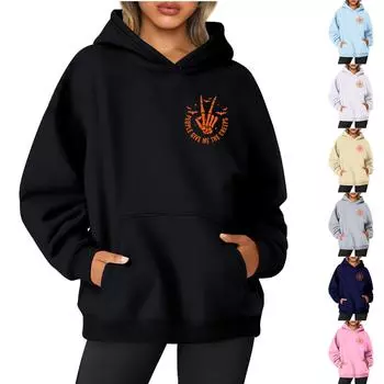 Женская однотонная толстовка с капюшоном с длинным рукавом и принтом на Хэллоуин XXL чёрный