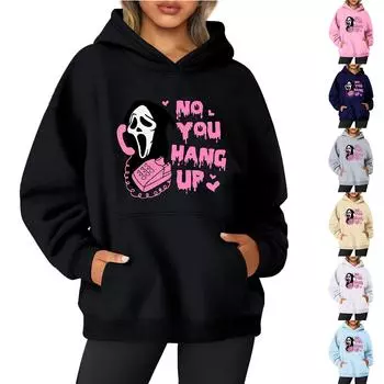 Женская однотонная толстовка с капюшоном с длинным рукавом и принтом на Хэллоуин L бежевый