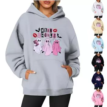 Женская однотонная толстовка с капюшоном с длинным рукавом и принтом на Хэллоуин L бежевый