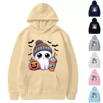 Женская однотонная толстовка с капюшоном с длинным рукавом и принтом на Хэллоуин L тёмно-синий