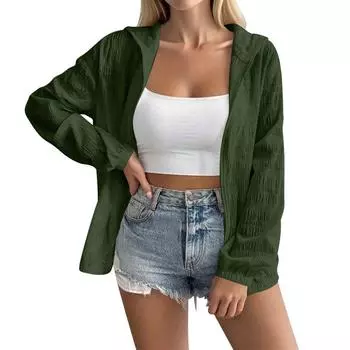 Женская однотонная тонкая куртка с капюшоном и длинными рукавами на молнии L армия зеленый