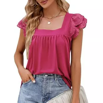 Женская однотонная тонкая вязаная футболка с квадратным вырезом и короткими рукавами S чёрный