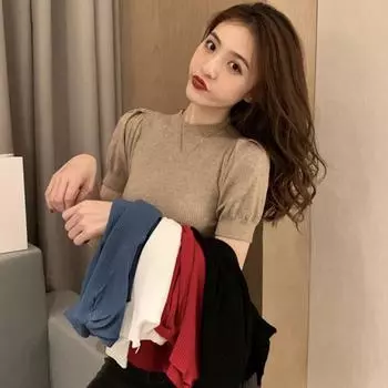 Женская однотонная трикотажная футболка с тонкими рукавами и полуводолазкой