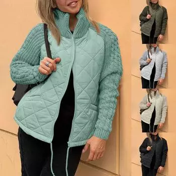 Женская однотонная трикотажная стеганая куртка в стиле пэчворк, повседневная легкая куртка с воротником-стойкой и длинным рукавом на молнии, утепленная верхняя одежда, пальто M чёрный