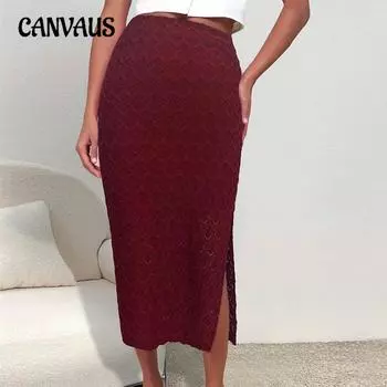 Женская однотонная юбка средней длины с темным узором и разрезом А-силуэта, облегающая полубоди M бордовый