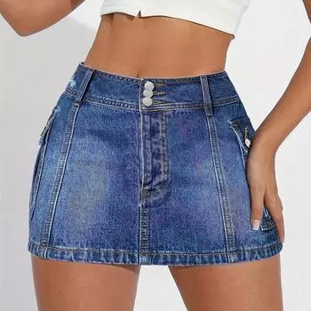 Женская однотонная юбка Stretch Slim Fit Casual Fashion Denim Skirt L синий