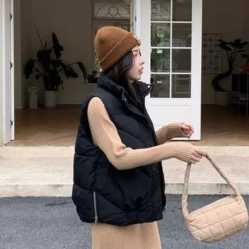 Женская однотонная утепленная верхняя одежда на осень-зиму с хлопковой подкладкой, воротником-стойкой, без рукавов, теплая куртка на молнии с карманами, жилет M коричневый